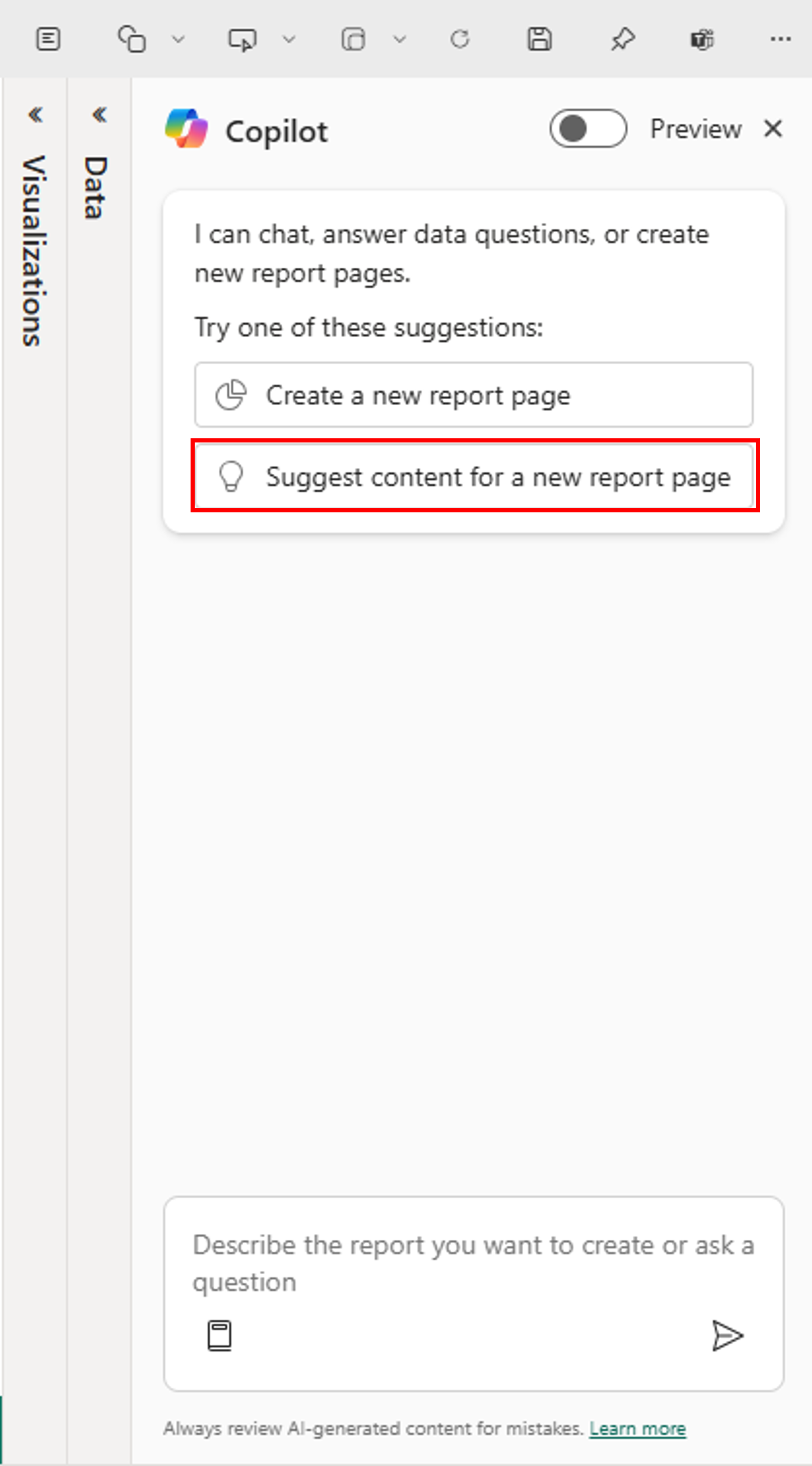 Screenshot showing Copilot pane, suggest content.