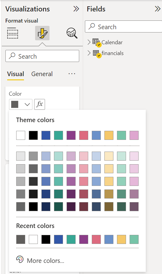 Screenshot of the Theme colors palette with default selections.