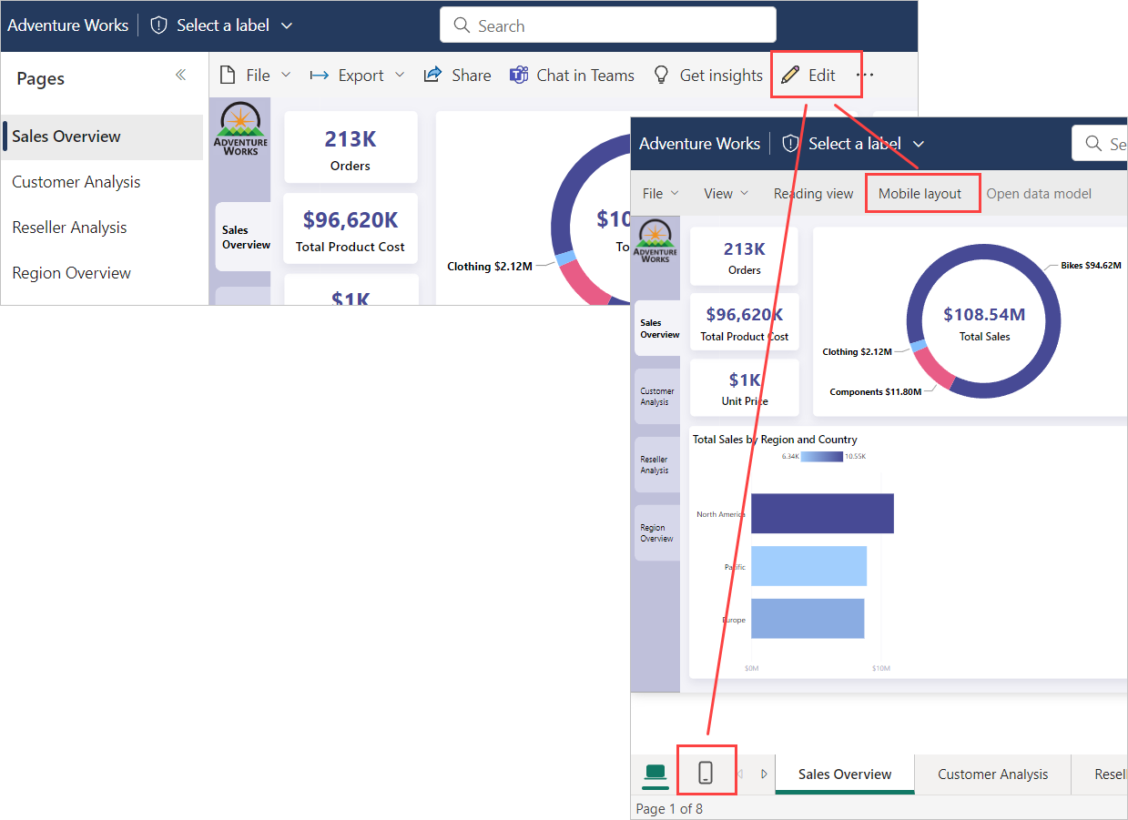 Screenshot of the mobile layout button in the Power BI service.