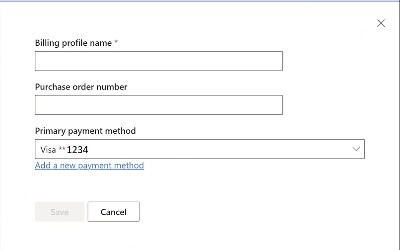 Screenshot of billing profile with box for adding purchase order number.