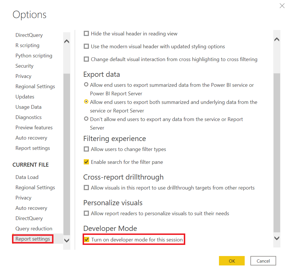 Screenshot of Developer mode in Power BI Desktop.