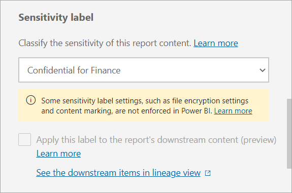 Screenshot of the sensitivity label dialog. Confidential for finance is selected.