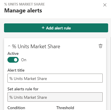 Screenshot showing the rule window with the Alert title box containing a title, and the Active slider set to On.