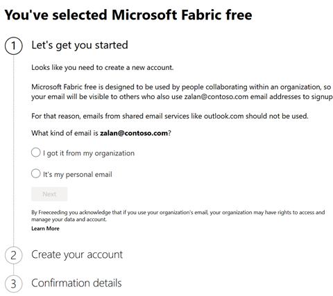 Screenshot of the sign-up screen that appears if you don't already have a Power BI account.