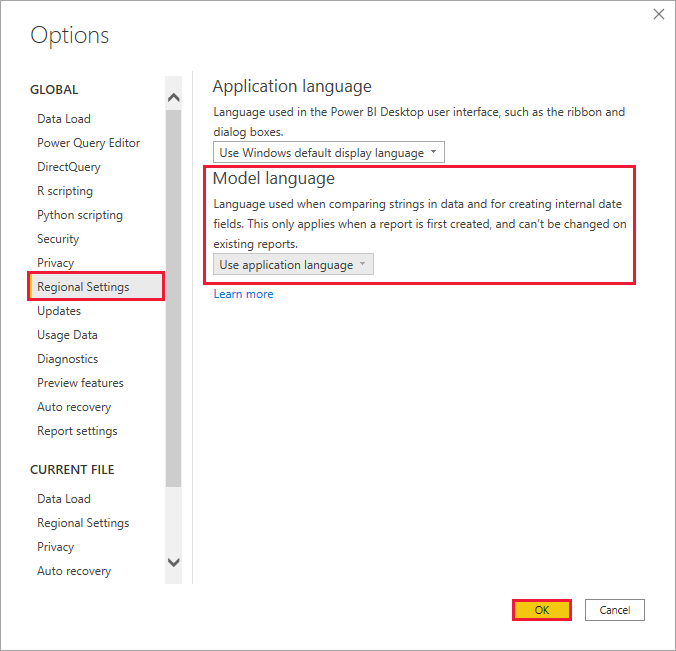 Screenshot of Power BI Desktop showing how to set the model language.