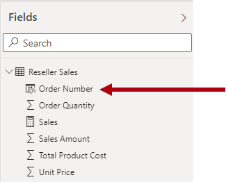 Image shows the Fields pane and the sales fact table, which includes the Order Number field.