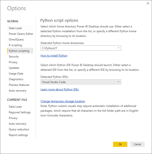 Screenshot of the Options dialog, showing Visual Studio Code entered in the Detected Python IDE field.