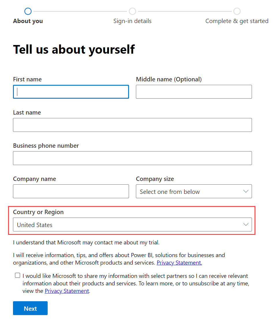Screenshot showing the tell us about yourself window.