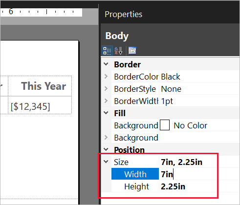 Screenshot of body size properties.