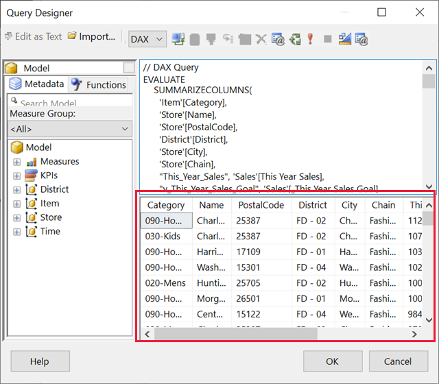 Screenshot of the query results in the Query Designer.