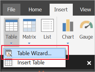 Screenshot of the Table Wizard button on the Insert ribbon.