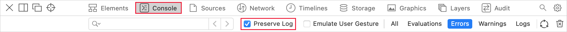 Screenshot of the Web Inspector menu with Console and Preserve Log selected.