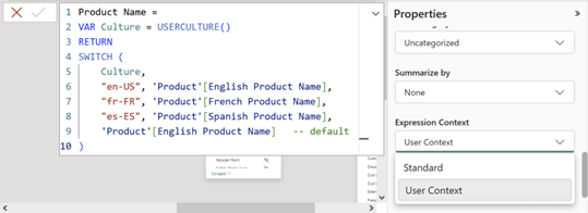 Screenshot of Power BI Desktop showing the Expression Context property for a calculated column.