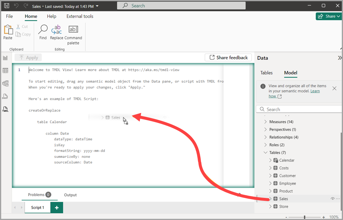 Screenshot of dragging a semantic model object onto the T-M-D-L view canvas.