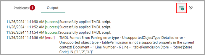 Screenshot of the clear button used to empty output pane messages.