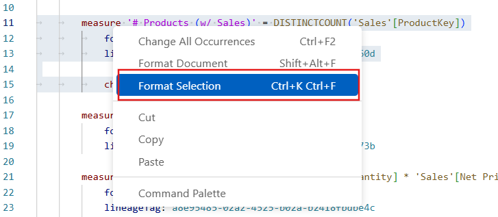 Screenshot of the code editor with TMDL code being formatted the Shift + Alt + F keyboard shortcut.
