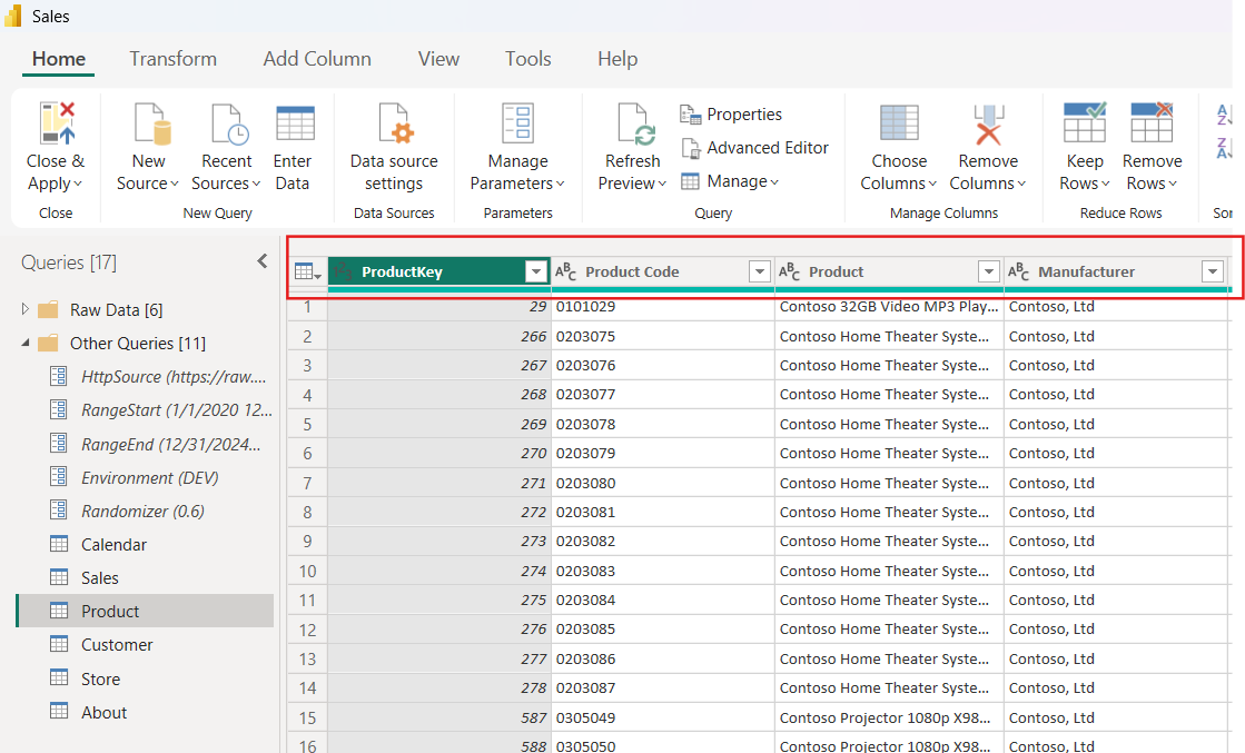 Screenshot of the Power BI Query Editor showing product data with columns for ProductKey, Product Code, Product, and Manufacturer, with 16 queries visible in the navigation pane.