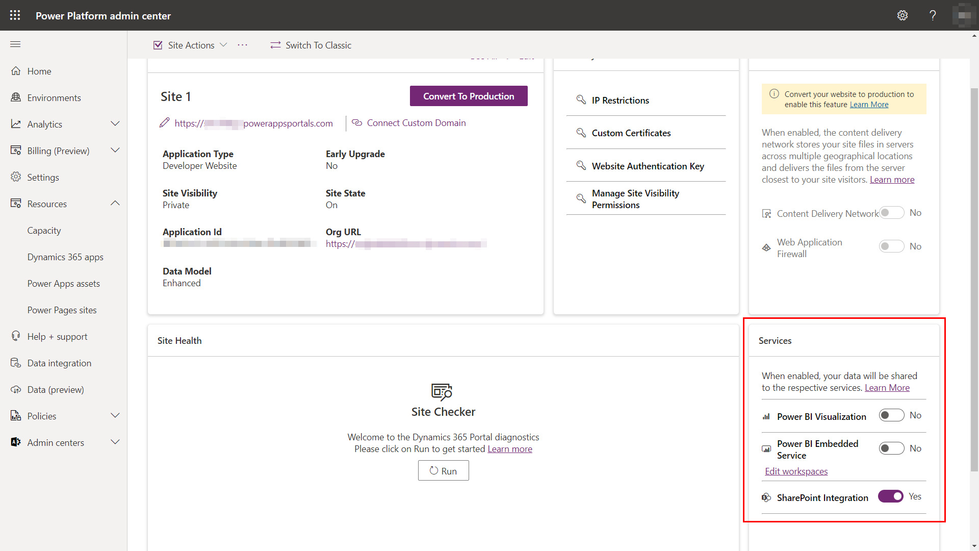 The services section of the Power Pages sites management options in Power Platform admin center.