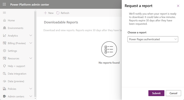 Request a report from the admin center.