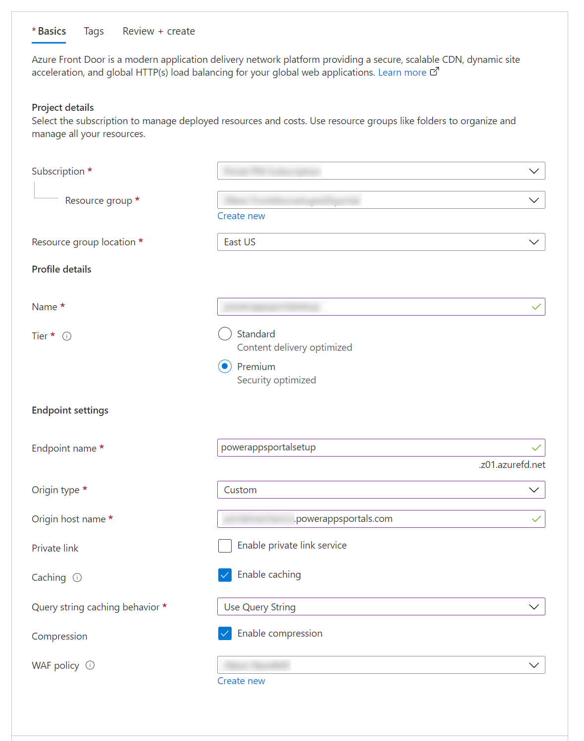 Create the Azure Front Door and settings.