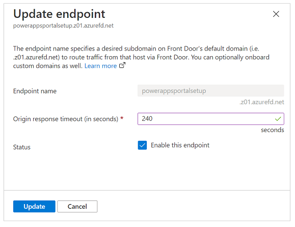 Set the endpoint origin response time to 240 seconds.