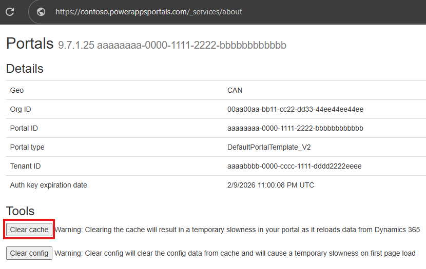 Screenshot of the portal details page showing the Clear cache button.