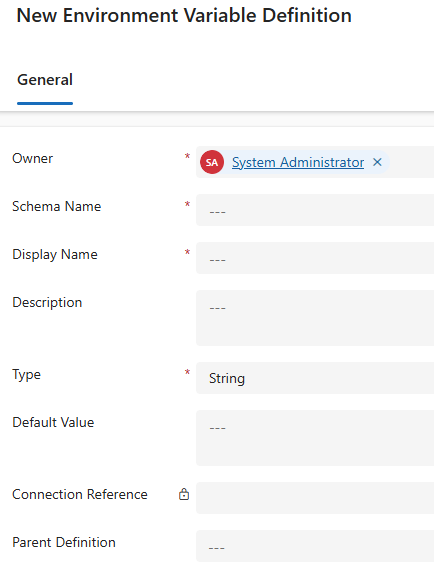 Screenshot of creating a new environment variable definition.