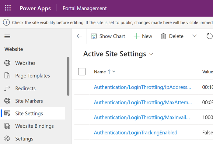 Open site settings in Portal Management app.