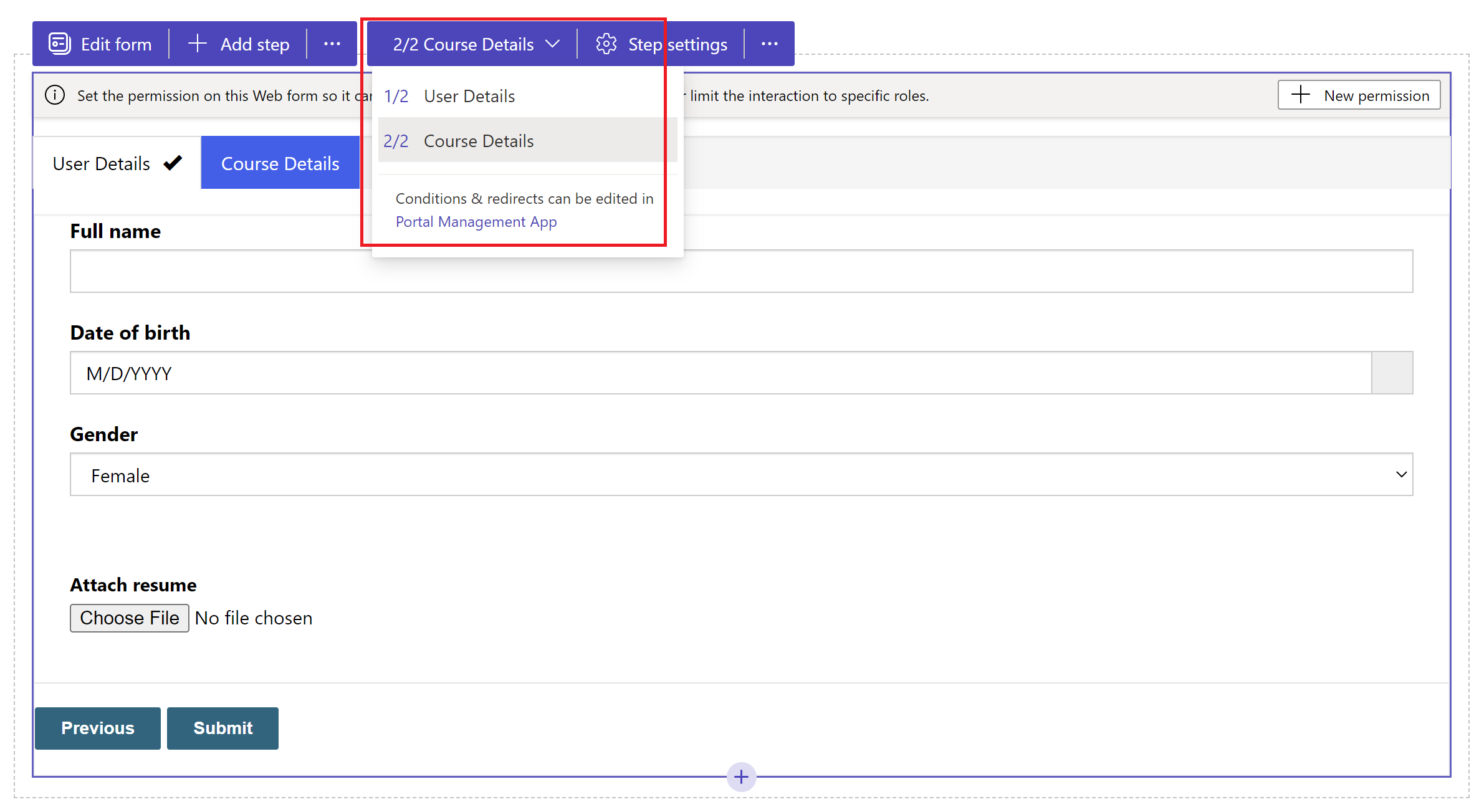 Screenshot of the step dropdown option in the maker studio with the Course Details step selected.