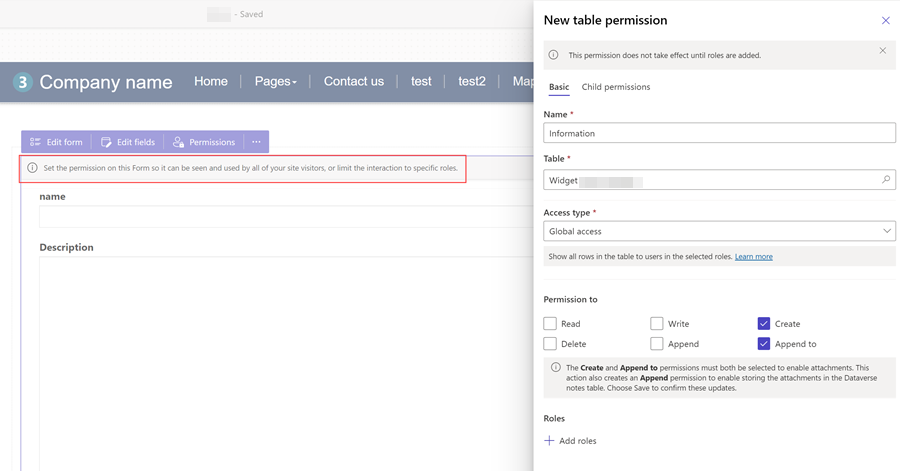 Screenshot of the new table permissions options inside the maker studio.