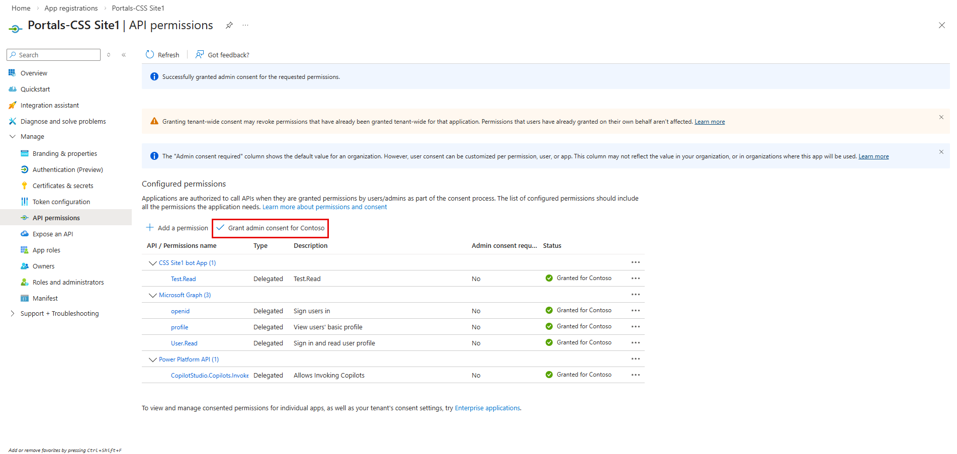 Screenshot showing grant admin consent option in Azure portal