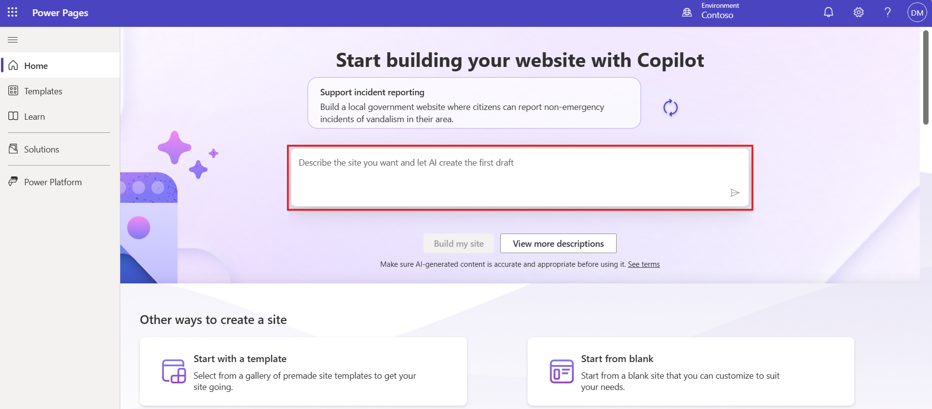 The Copilot on Power Pages home with an input field for users to enter a description of the site emphasized.