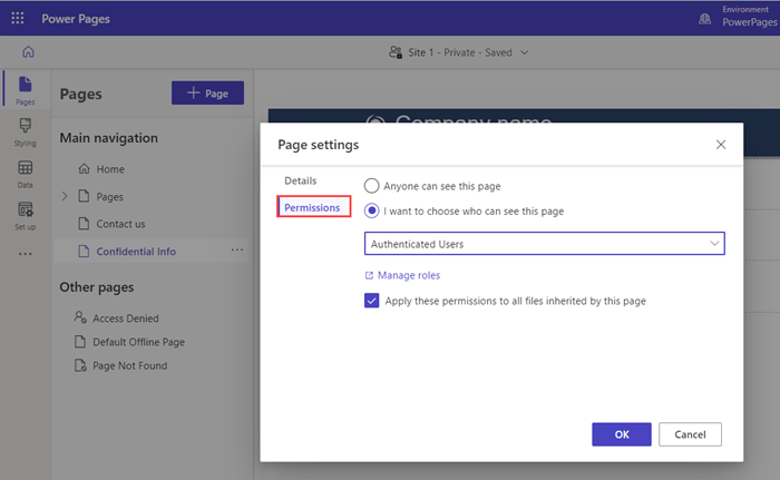 Screenshot of page settings in Microsoft Power Pages.