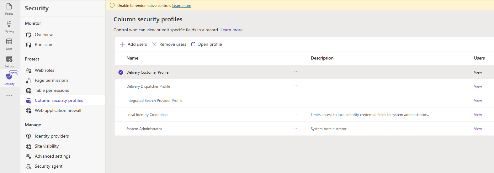 Screenshot of powere pages studio showing column security profiles