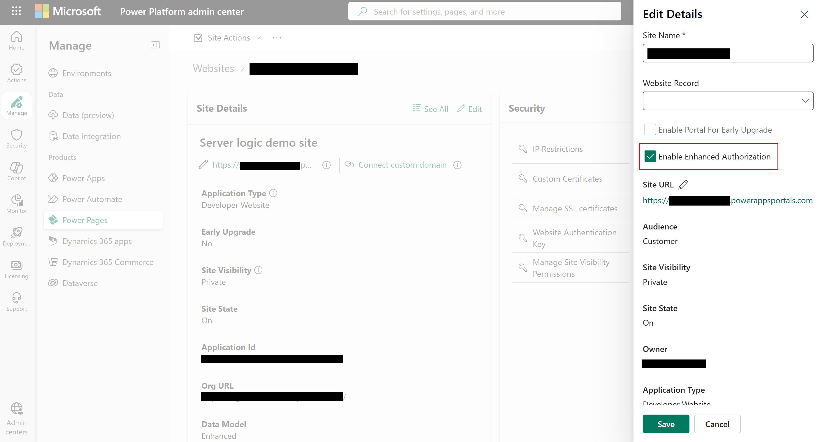Screenshot of admin center page showing how to enable enhanced authorization