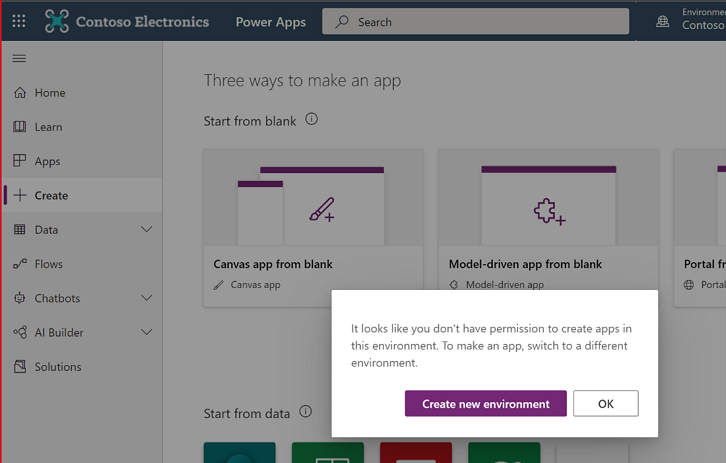 Power Apps missing permission dialog.