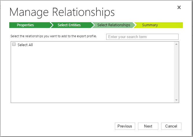 Create Export Profile - Manage Relationships - Select Relationships.