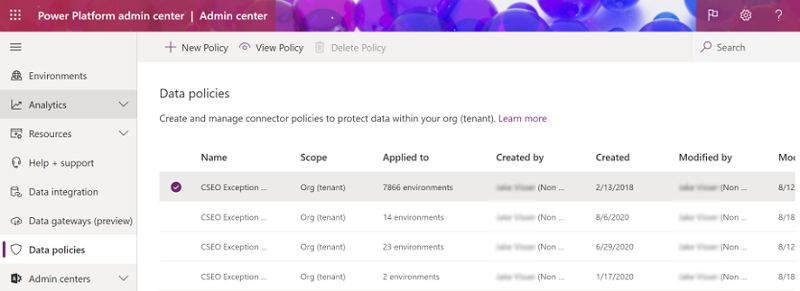 View data policies list.