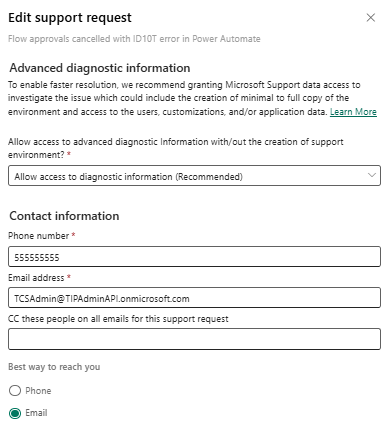 Screenshot of the Edit support request panel showing editable fields and Save and Cancel buttons.