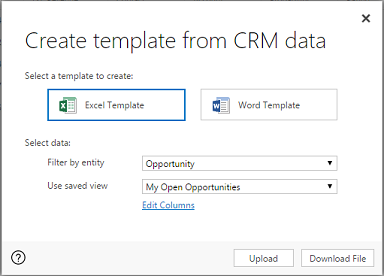 Create Excel Template page.