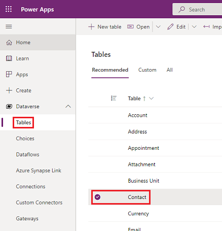 Select the Contact table.