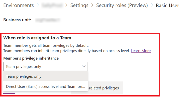 Screenshot of the Member's privilege inheritance option in the security role editor.