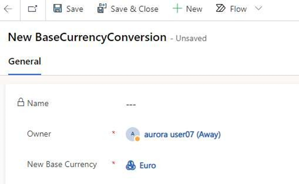 Screenshot of a new BaseCurrencyConversion record where the New Base Currency field is set to Euro. 
