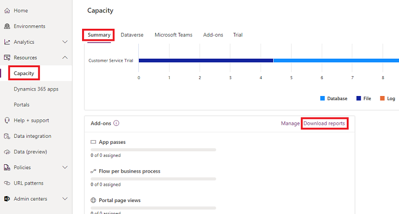Image showing the Capacity page in the Power Platform admin center and highlighting the link to download reports.