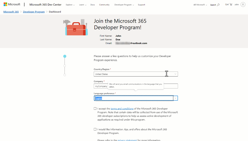 Sign-up for the Microsoft 365 Developer Program