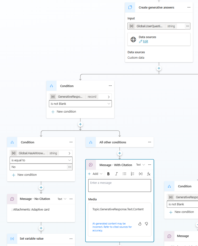 Screenshot of the generative answers node displaying a generative response based on conditions.