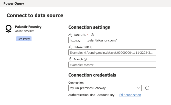 Screenshot of the Palantir Foundry connection settings in Power Query Online.