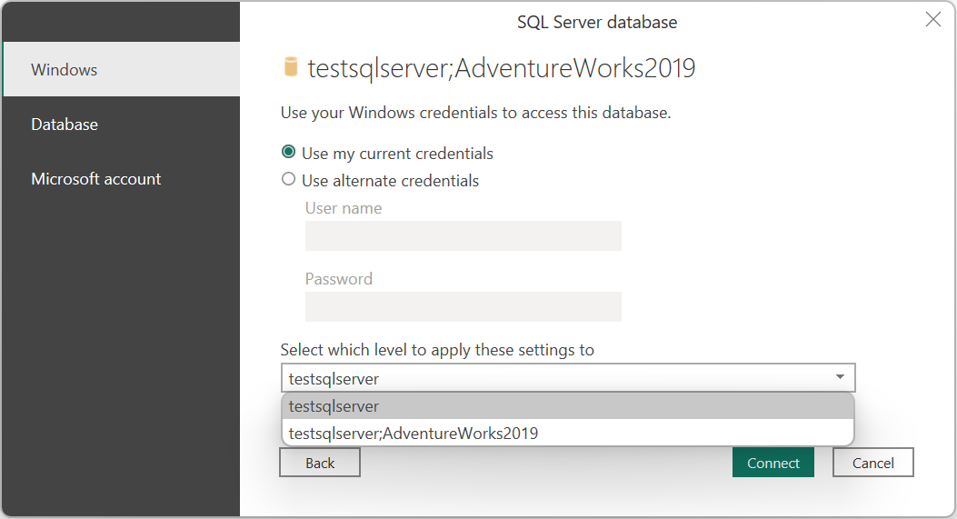 Screenshot of the SQL Server database authentication.