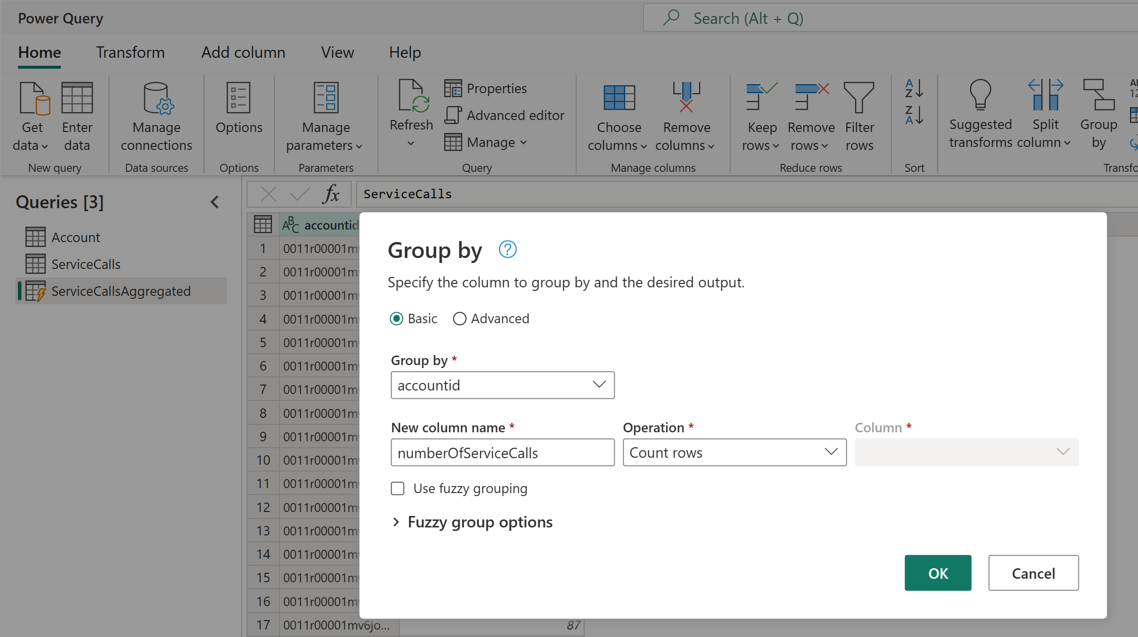Screenshot of the Group by dialog aggregating the data from the service calls by account ID.