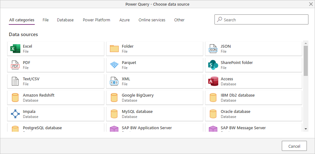 Get data categories for dataflows.